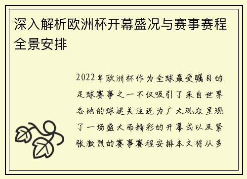 深入解析欧洲杯开幕盛况与赛事赛程全景安排