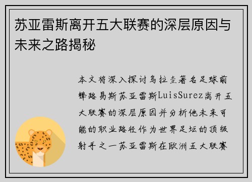 苏亚雷斯离开五大联赛的深层原因与未来之路揭秘 苏亚雷斯离开五大联赛的深层原因与未来之路揭秘