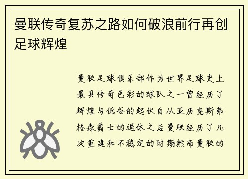 曼联传奇复苏之路如何破浪前行再创足球辉煌
